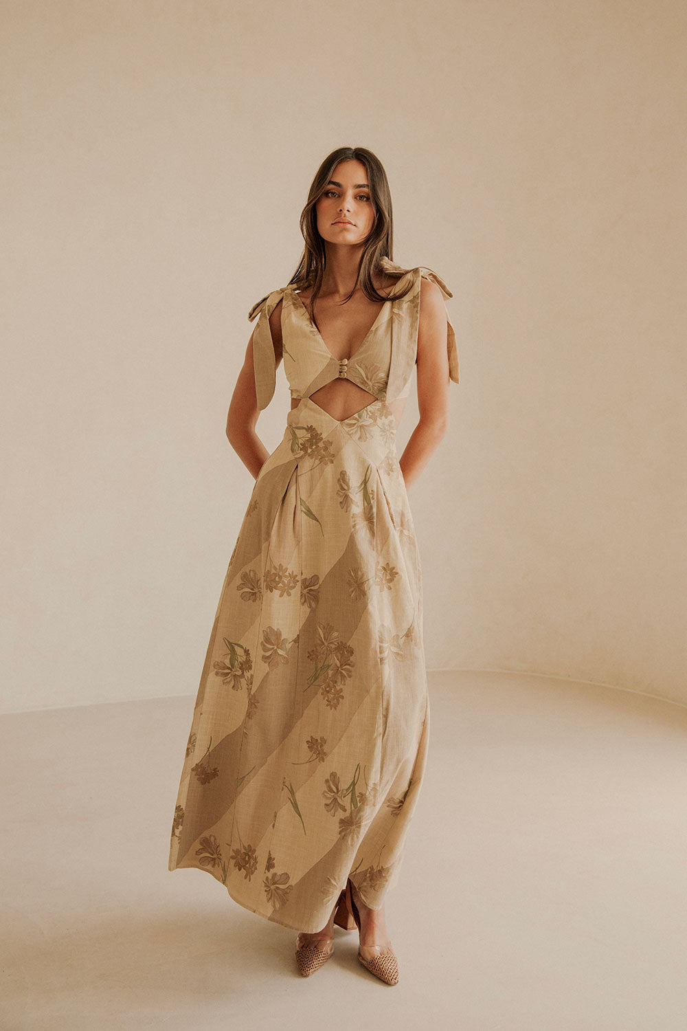 Maivie Tropical Cutout Tie Maxi Dress - Brown, Green Tawny Bloom Print