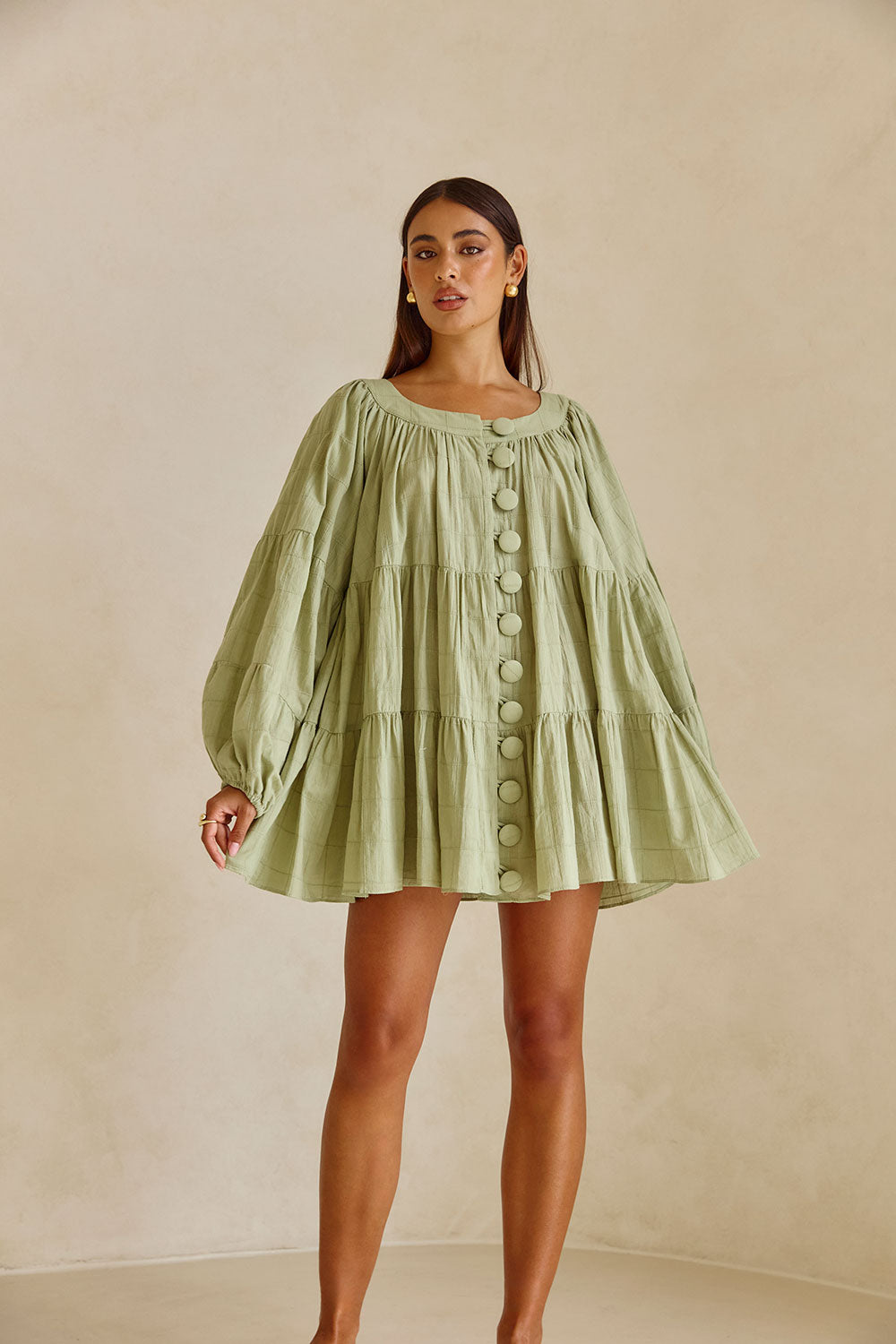 East Button Flounce Mini Dress - Green
