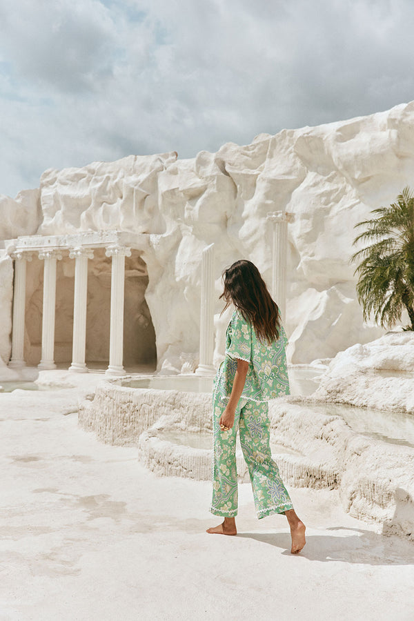 Green Floral Keritage print Button Up Kelia Shirt