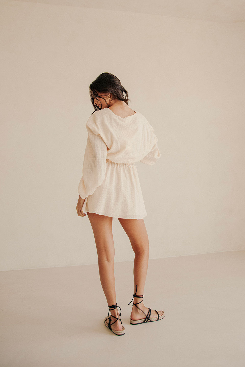 Cream Long Sleeve V Neck Mini Anisha Dress