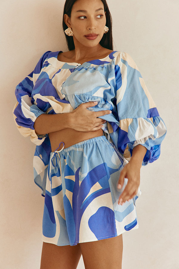 Vally Blue Print Elastic Drawstring Elara Shorts