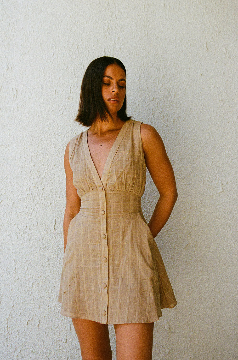 Brown Button Up Plunge V Neck Mini Shaelagh Dress