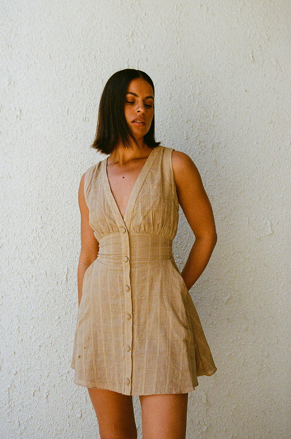 Brown Button Up Plunge V Neck Mini Shaelagh Dress