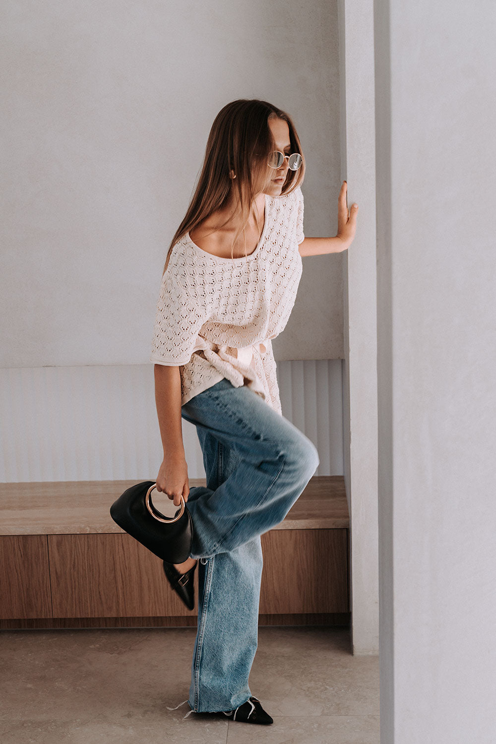 Cream Pointelle Knit Waist Tie Mini Demi Dress