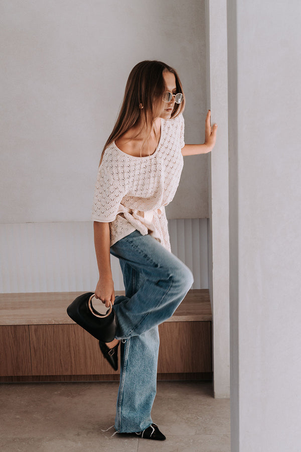 Cream Pointelle Knit Waist Tie Mini Demi Dress