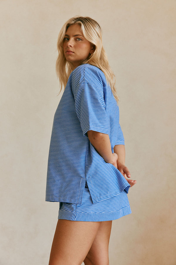 Blue Stripe Button Up Collar Short Sleeve Alyssia Top
