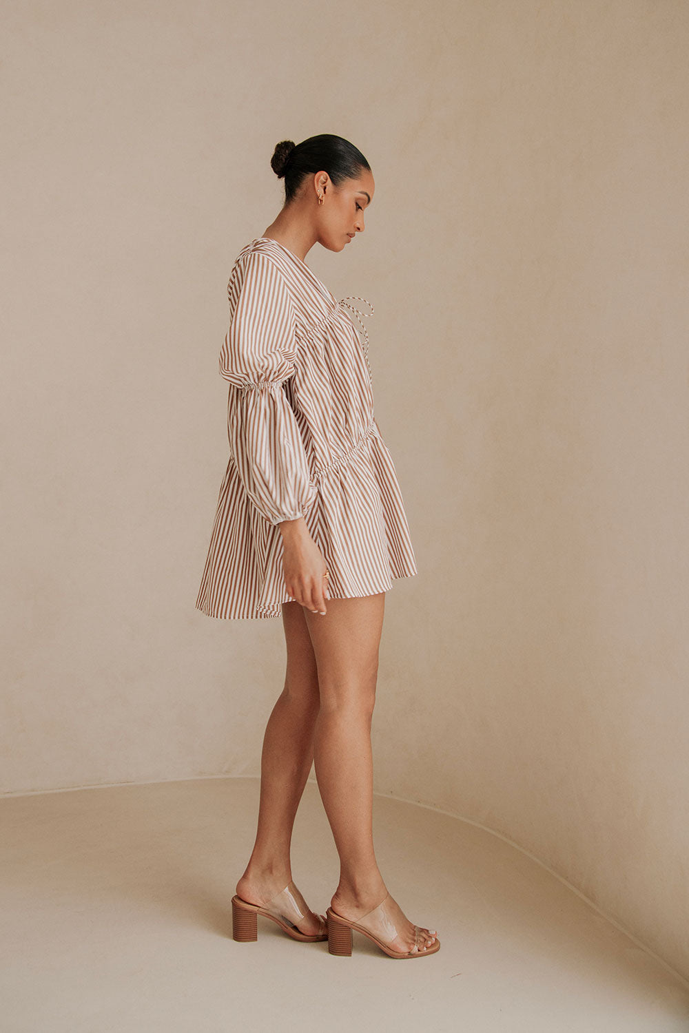 Naloo Long Sleeve Tie Mini Dress - Brown, White Stripe