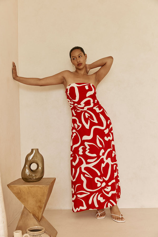 Red Fila Rogue Floral Print Strapless Maxi Liberty Dress