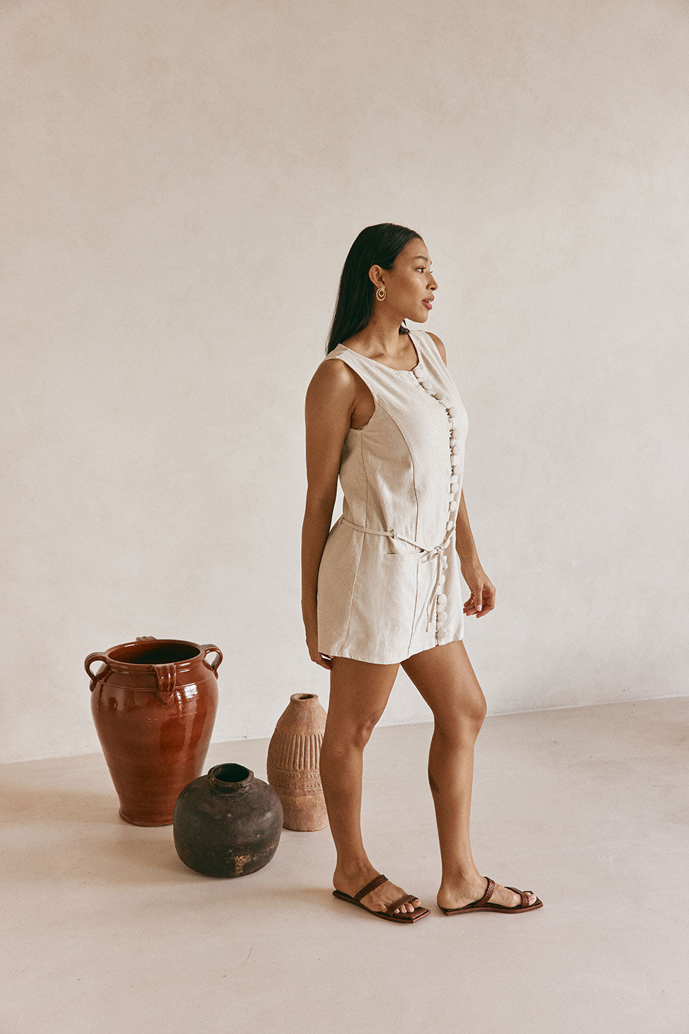 Beige Button Up Mini Alianna Dress