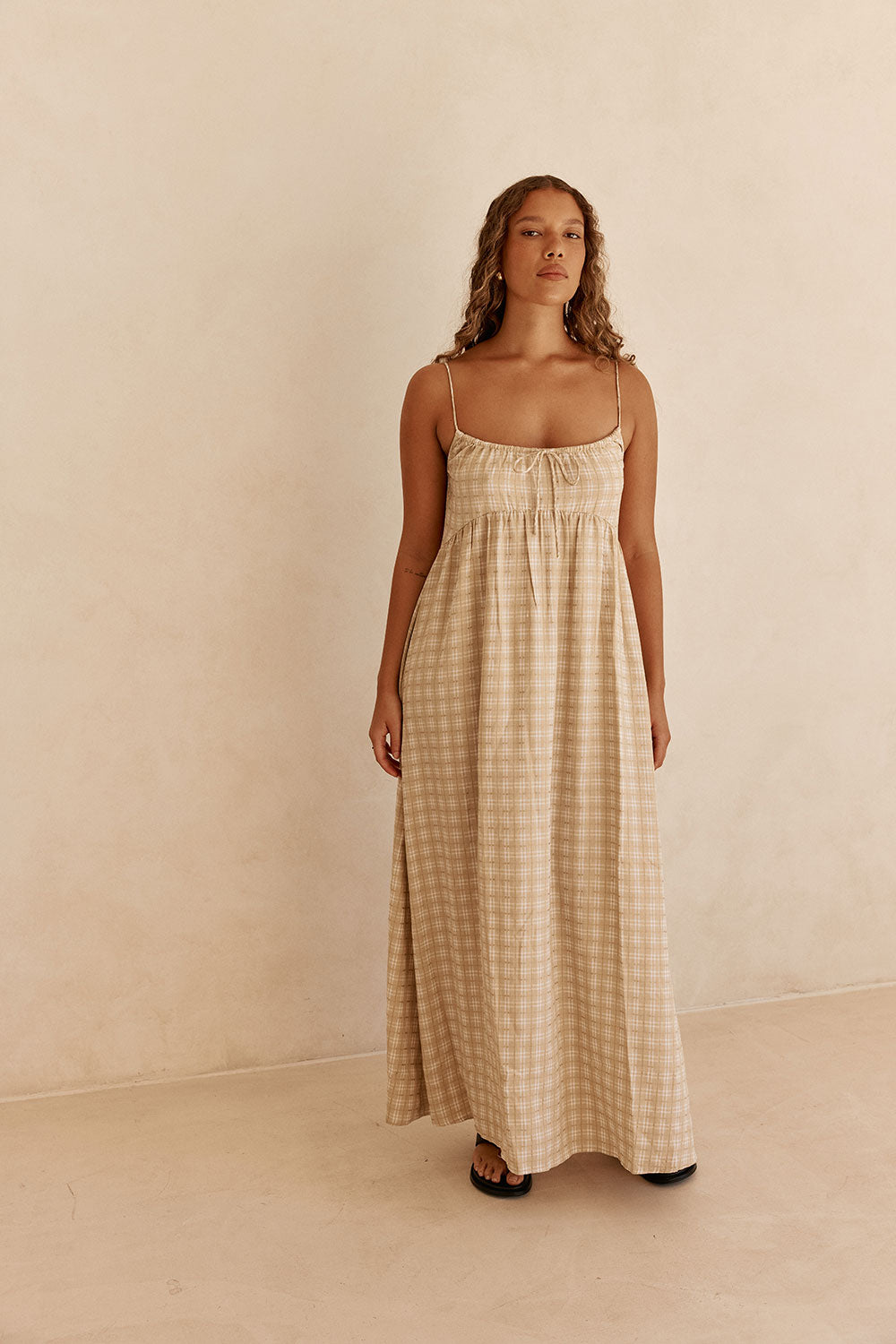 Khaki Gingham Strappy Maxi Lissa Dress