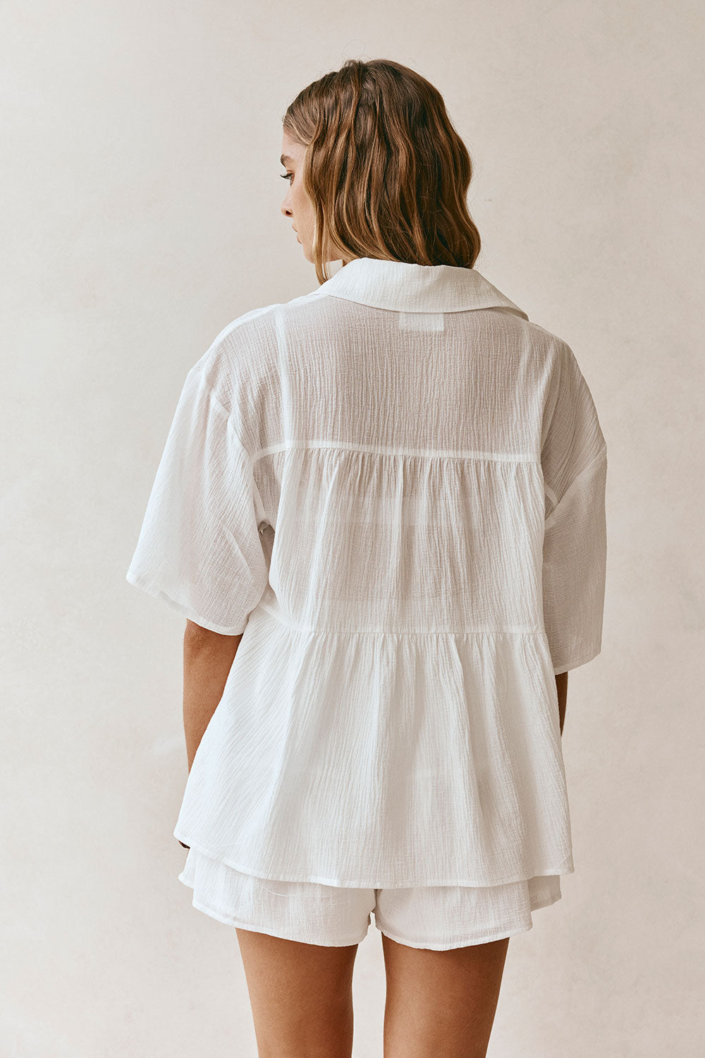White Button Up Short Sleeve Founce Elodie Top