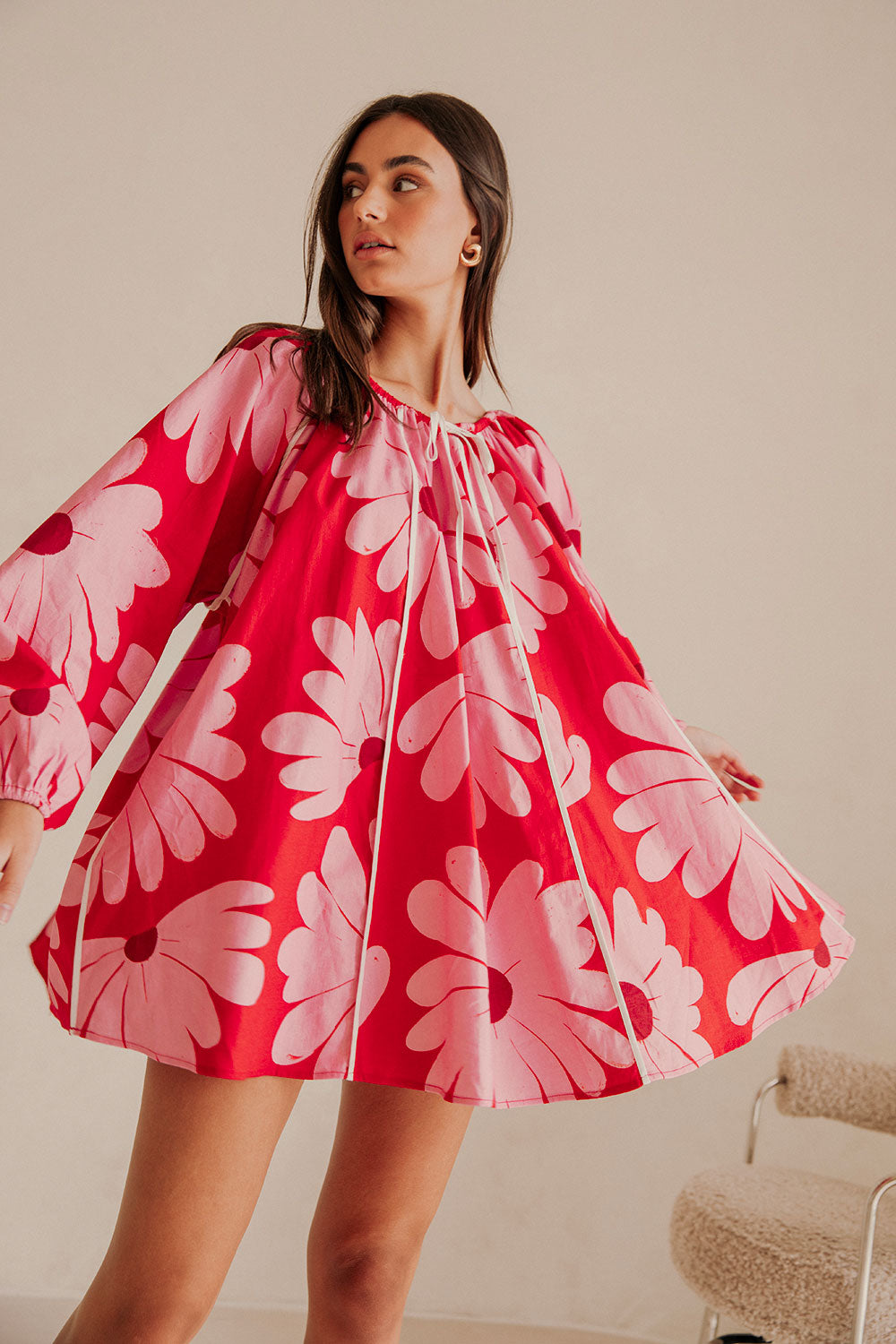 Veronica Flounce Long Sleeve Mini Dress - Pink White Daisy Red Print