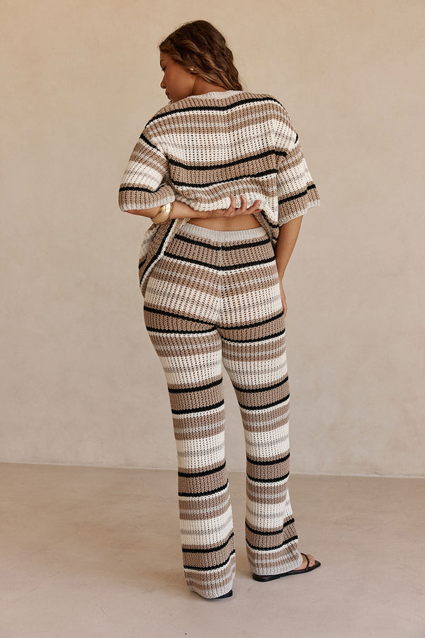 Tan and White Stripe Knit High Waist Java Pants