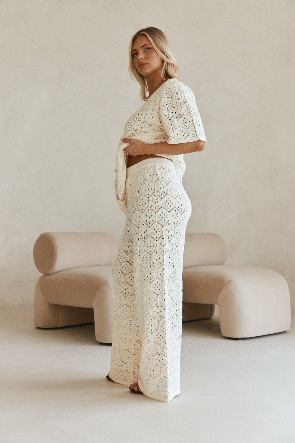 Cream Crochet Knit High Waist Umiko Pants