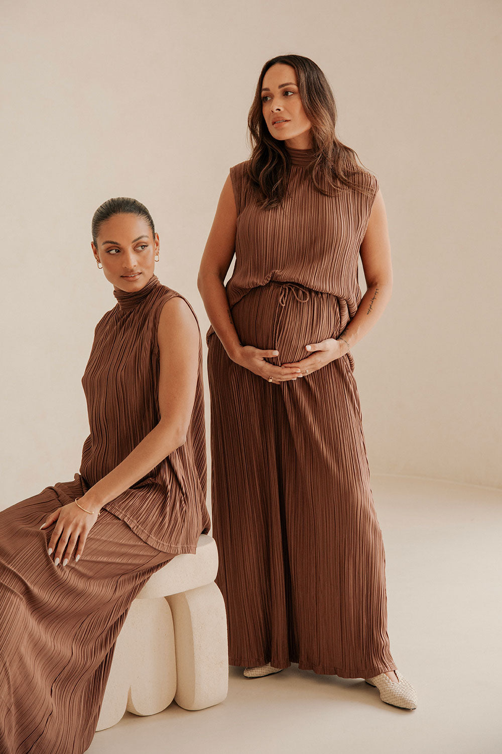 Brown Silky Pleat Turtleneck Catalyna Top