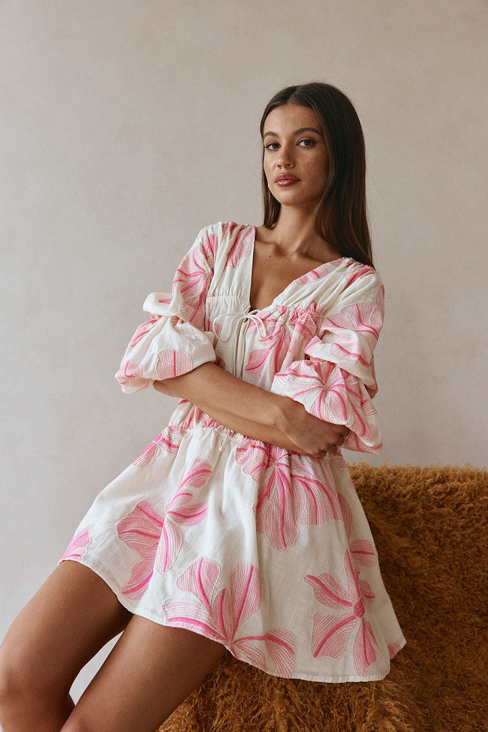 Pink Spring Floral Print Boxy Gathered Mini Naloo Dress – SABO
