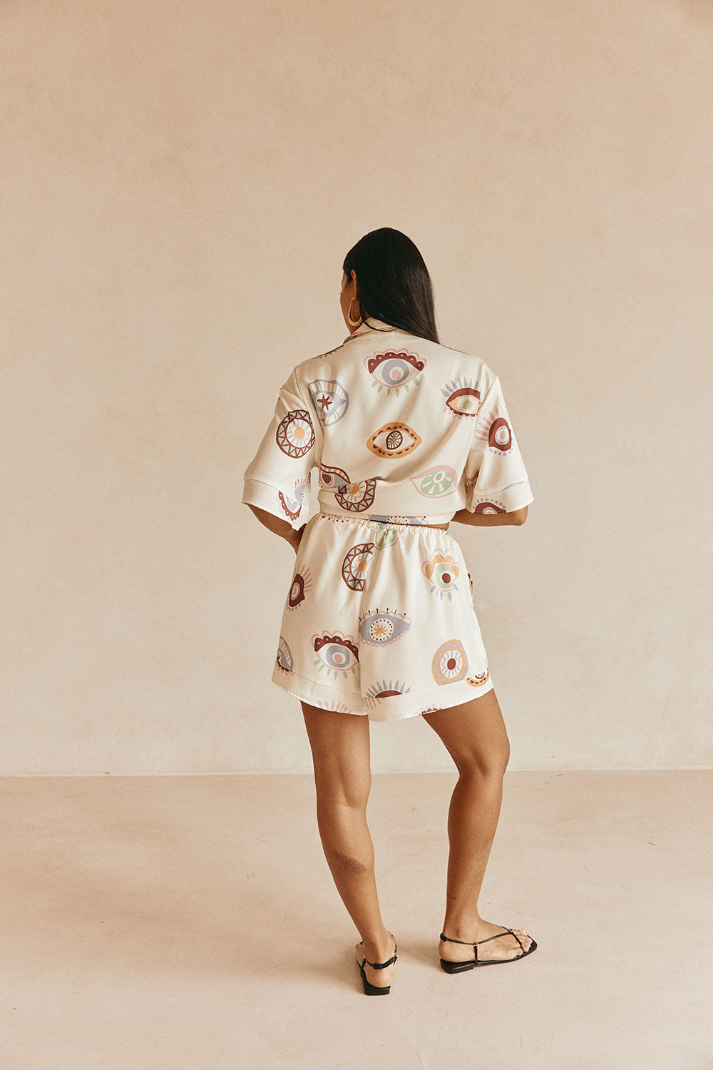 Cream Matia Print Elastic Drawstring Marika Shorts