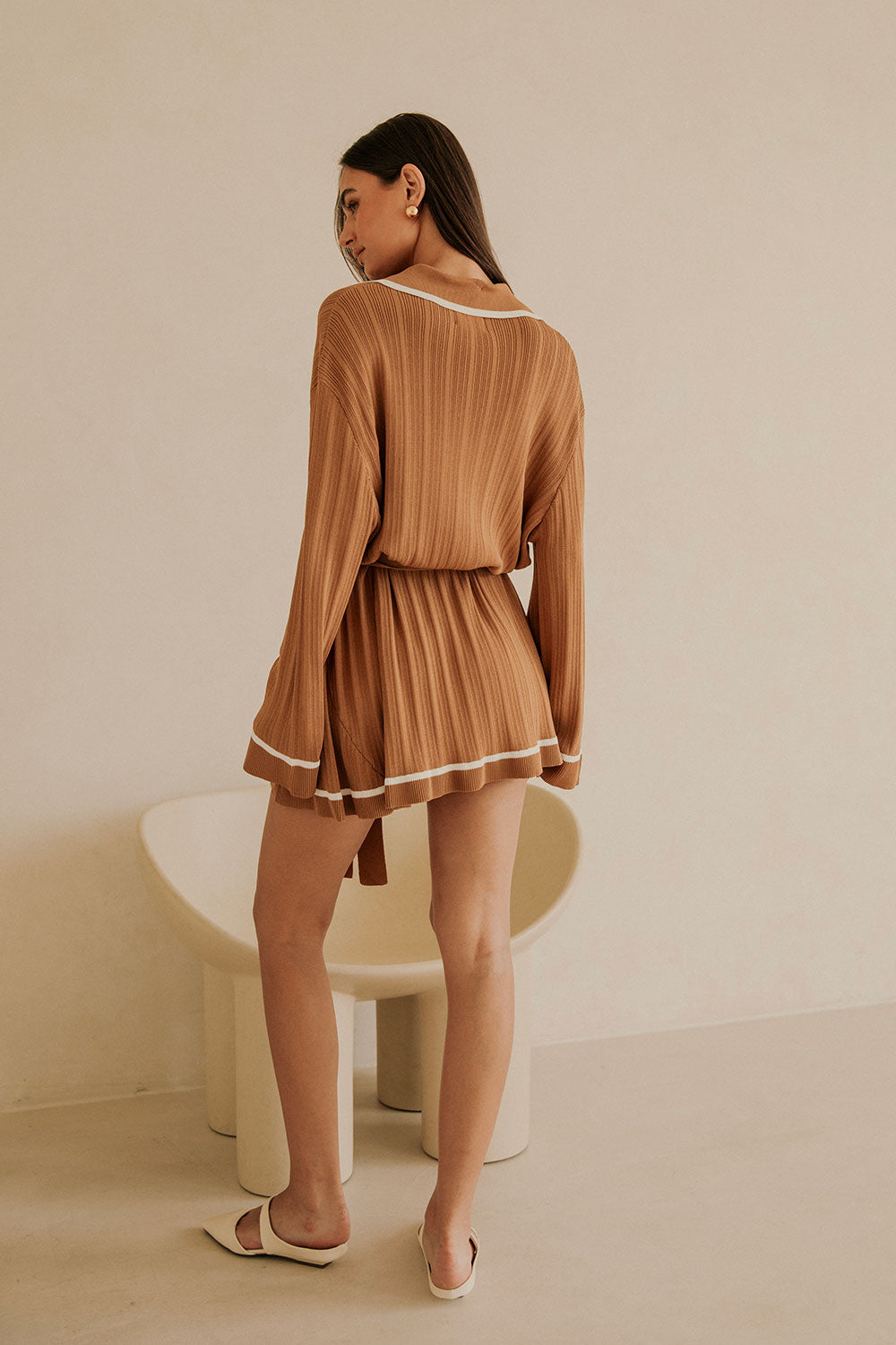 Brown V Neck Long Sleeve Pocket Mini Beau Dress