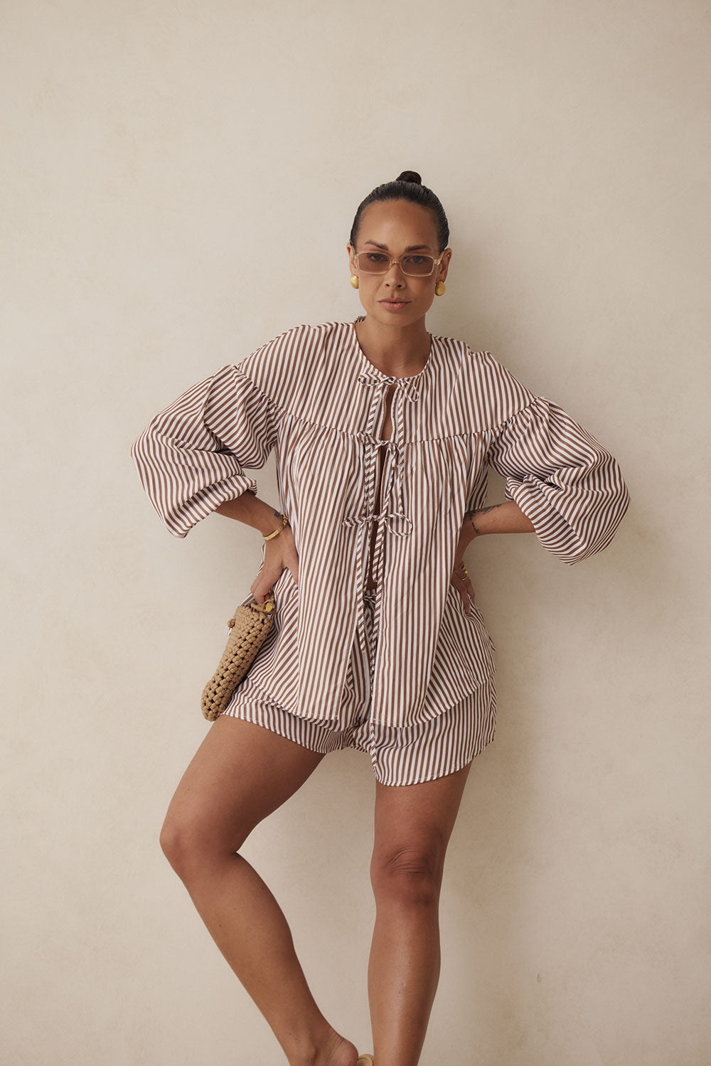 Pennie Long Sleeve Tie Top - Brown, White Stripe