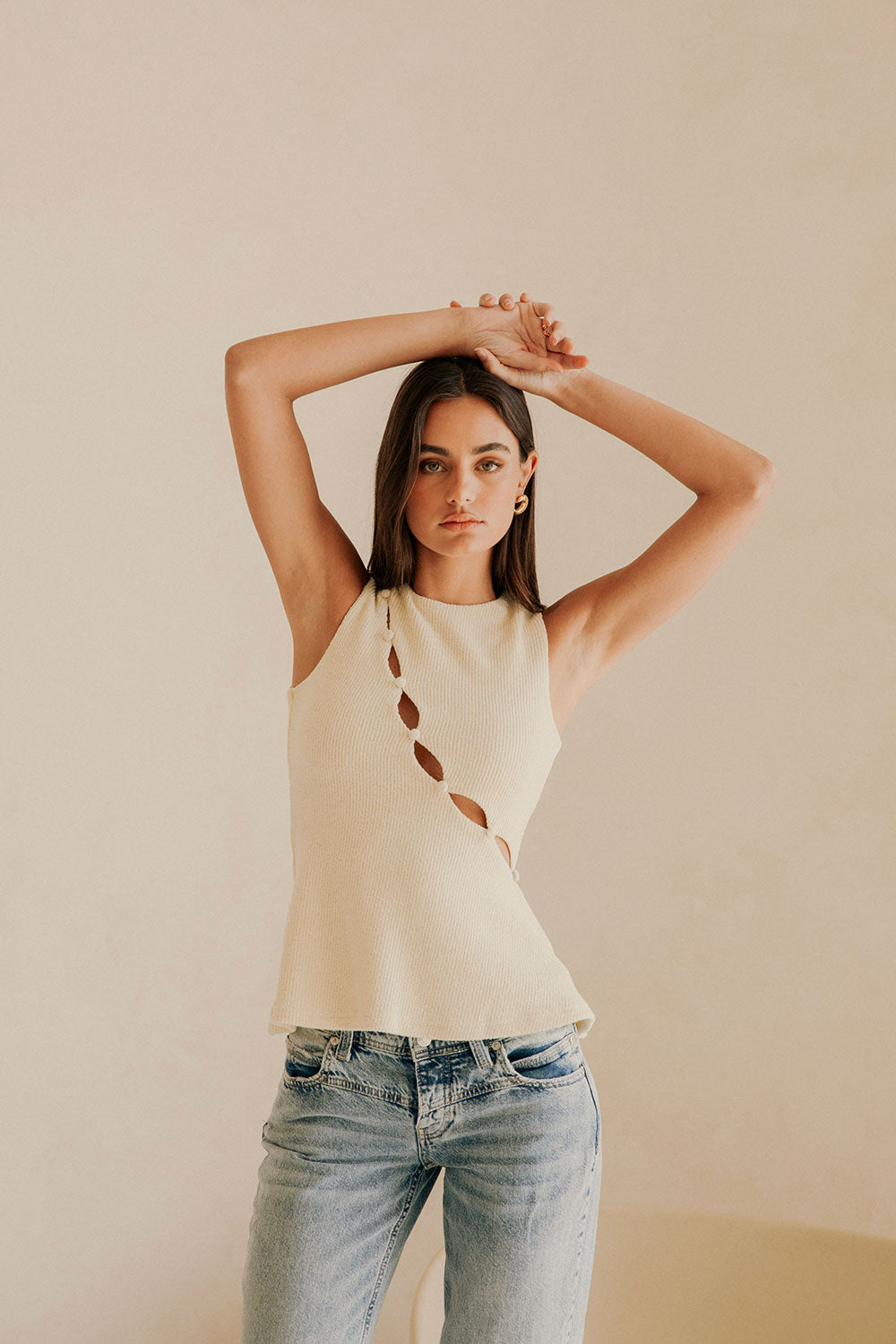 Cream Ribbed Cutout A-Line Bronte Top