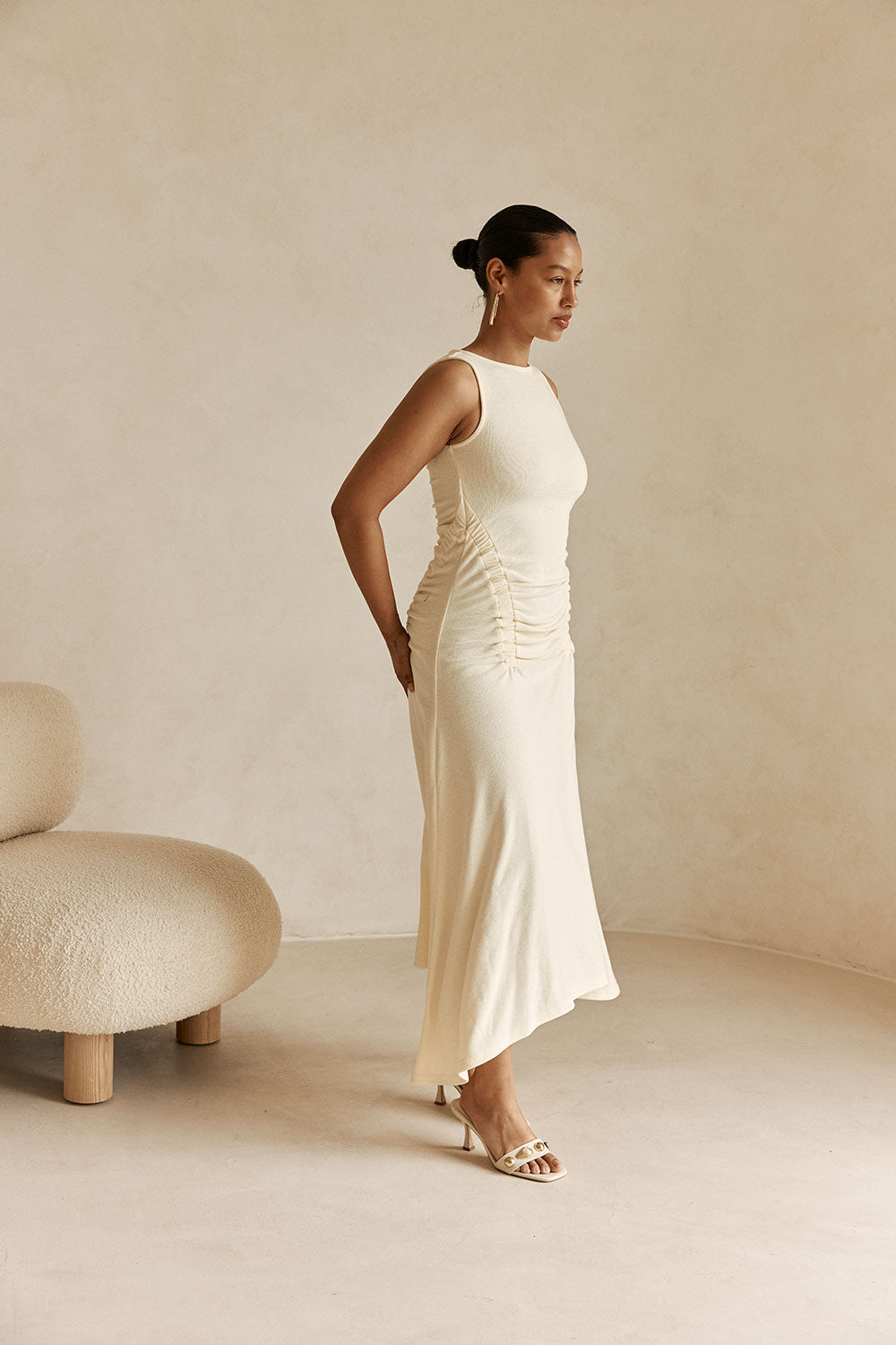 Cream Ruched Maxi Ema Dress