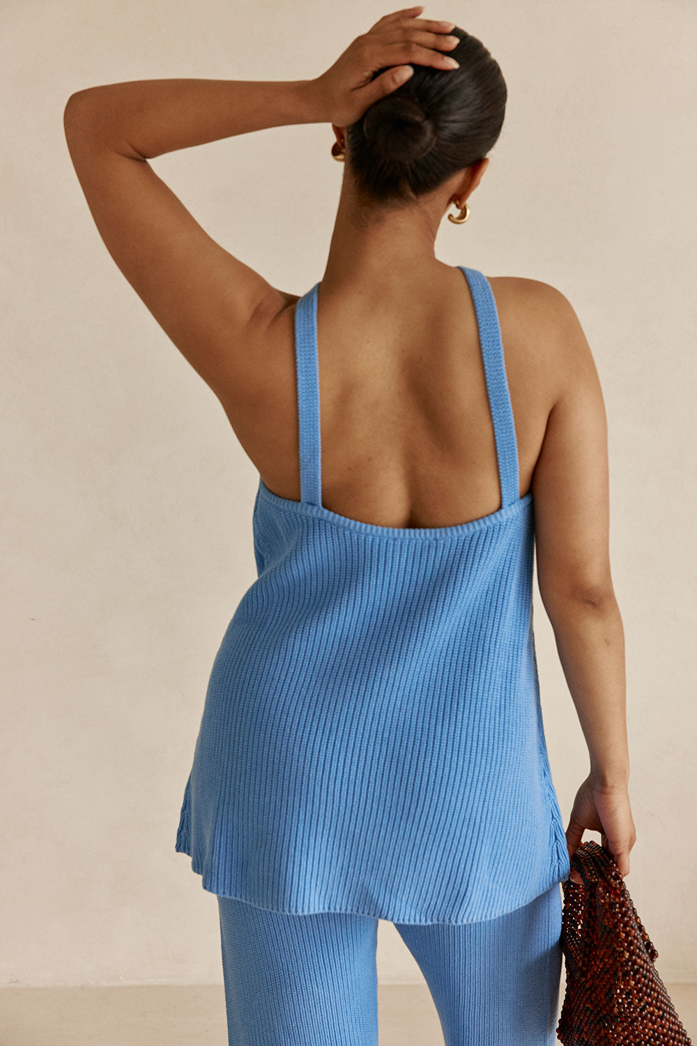 Blue Ribbed Knit Halter May Top