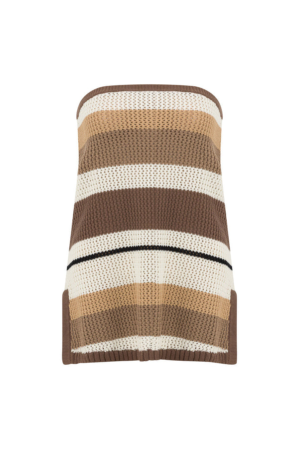 White and Brown Stripe Knit Strapless Damaris Top