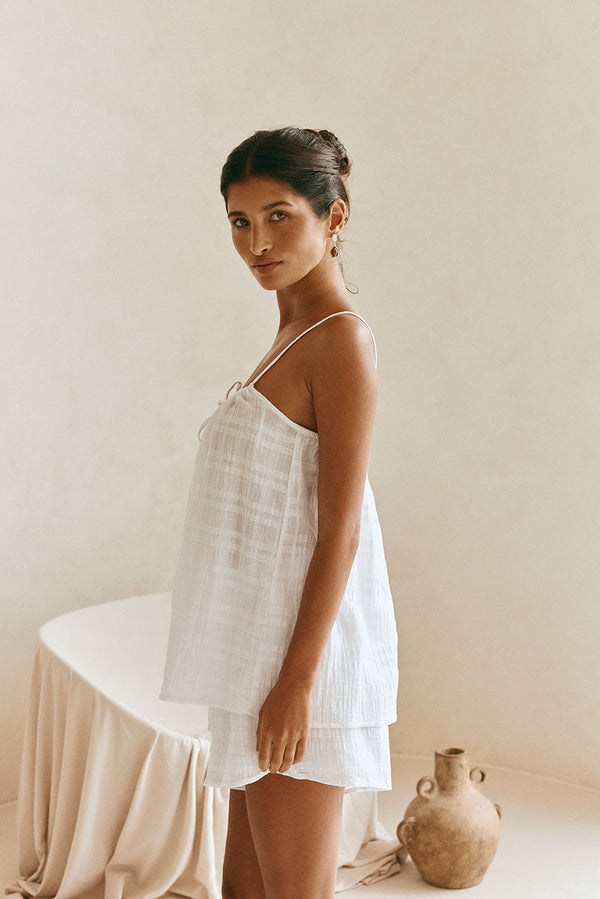 Jetta Adjustable Thin Strap Tie Top - White Plaid