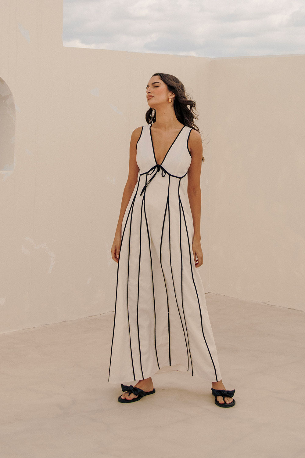 Maylin V Neckline Tie Maxi Dress - Cream, Black