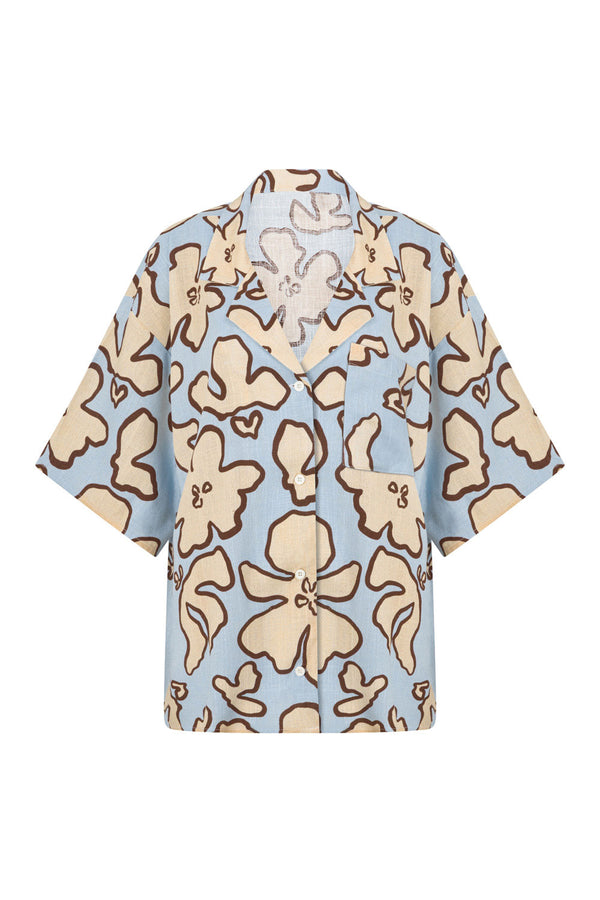 Blue Outline Floral Short sleeve Button Up Thessy Top