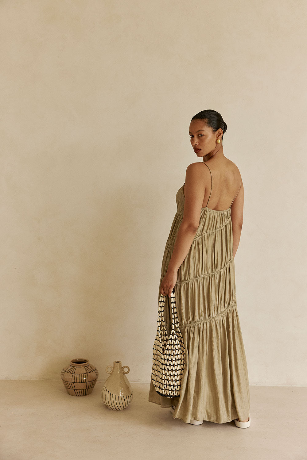 Khaki Taupe Green Ruched Maxi Daysia Dress