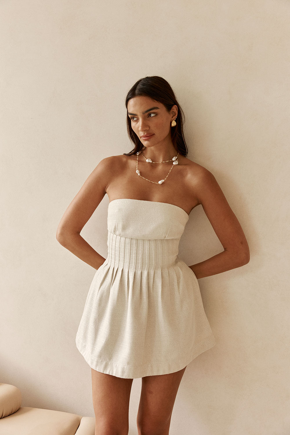 Beige Strapless Pin Tick Mini Tabi Dress