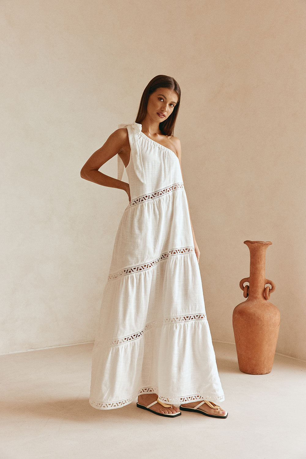 White Cotton One Shoulder Flouncy Maxi Juliette Dress