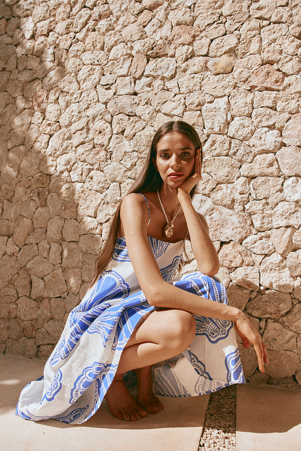 Bette Thin Strap Maxi Dress - Seashell Print, Blue, White