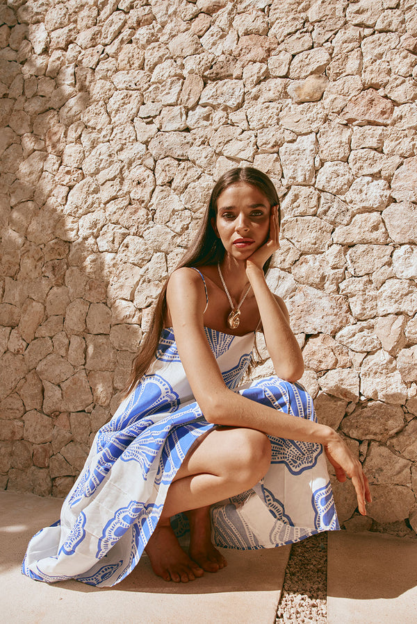 Bette Thin Strap Maxi Dress - Seashell Print, Blue, White