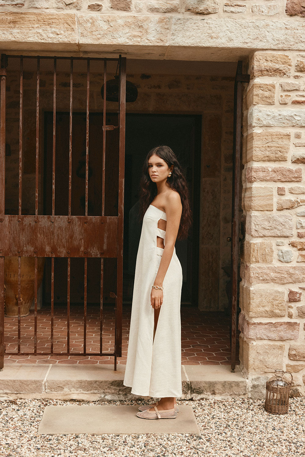 Beige Strapless Cut Out Side Split Maxi Belen Dress