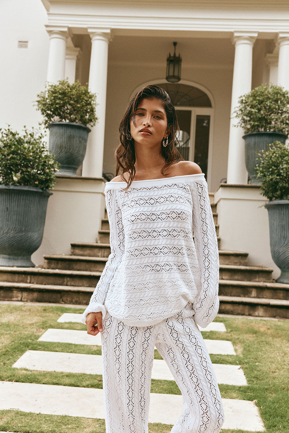 Cierra Off Shoulder Long Sleeve Top - White Knit
