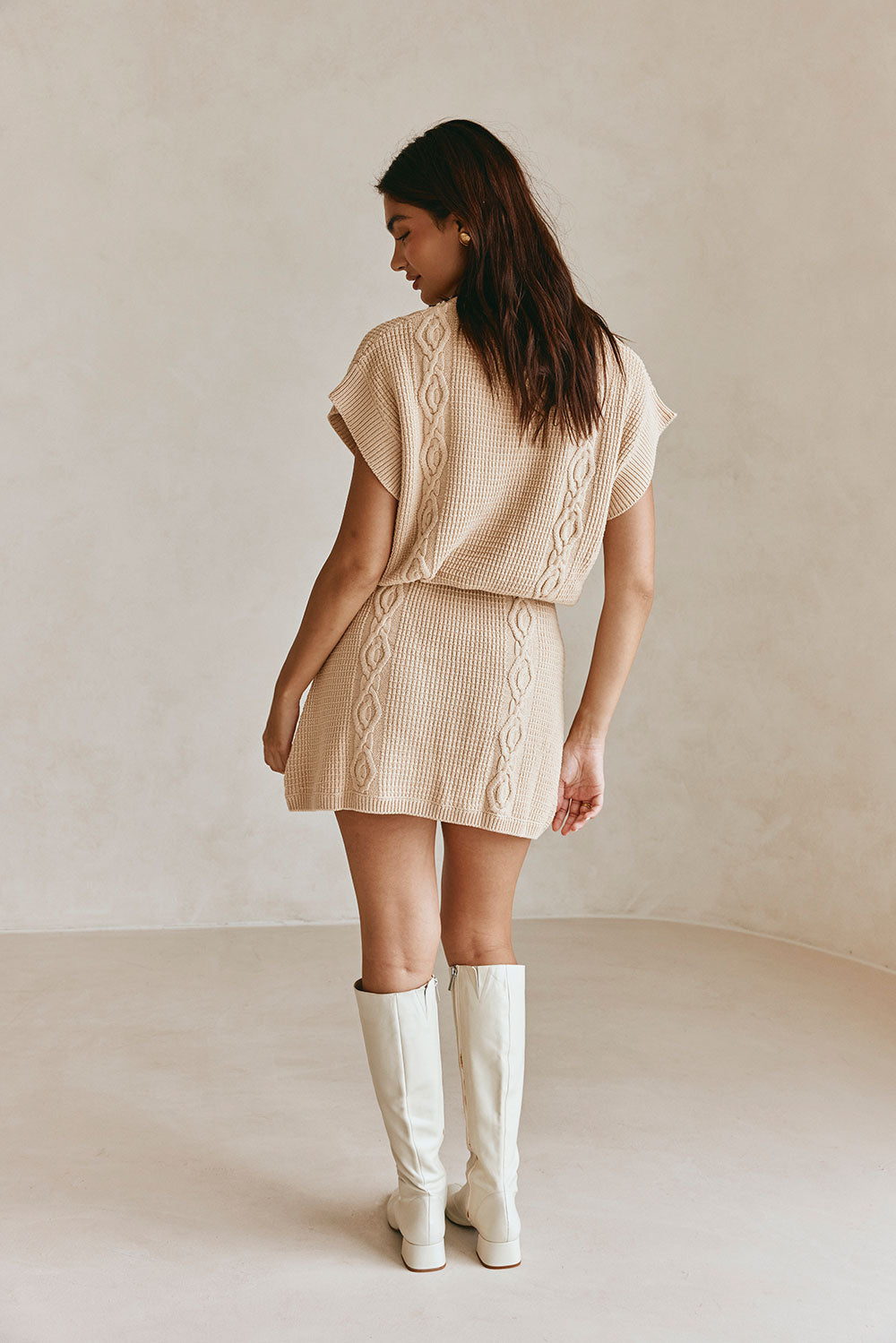 Tan Knit Short Sleeve Mini Saphira Dress