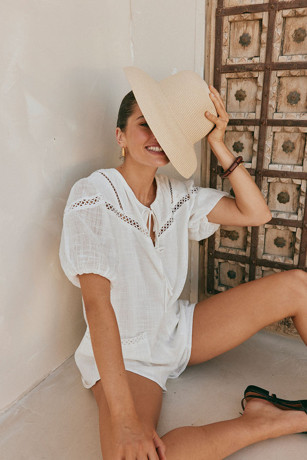 White Cheesecloth Puff Sleeve Front Tie Jela Playsuit