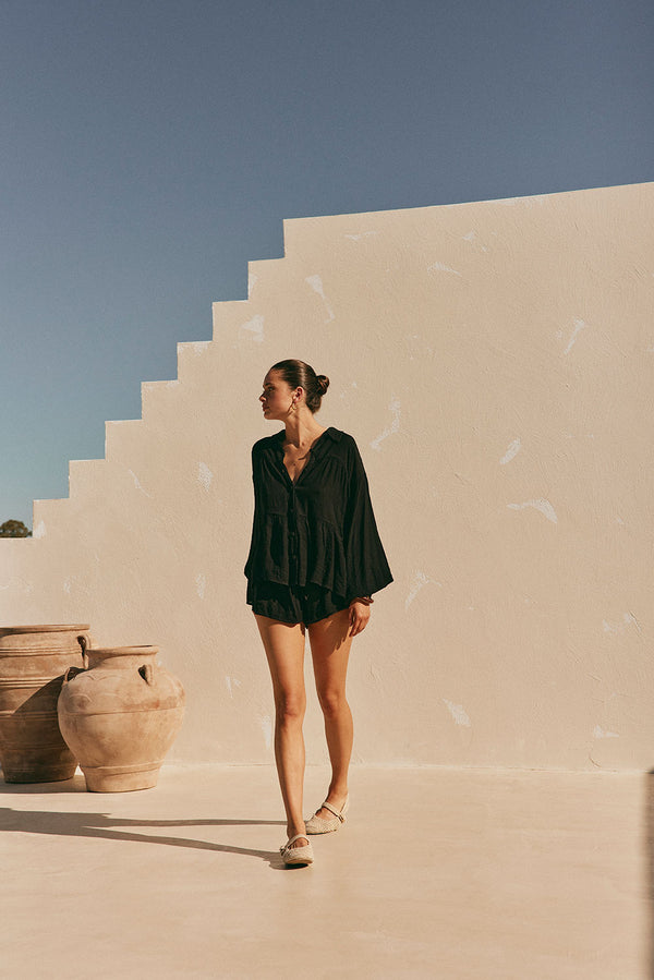 Huxley Panelled Button Up Collared Long Sleeve Top - Black