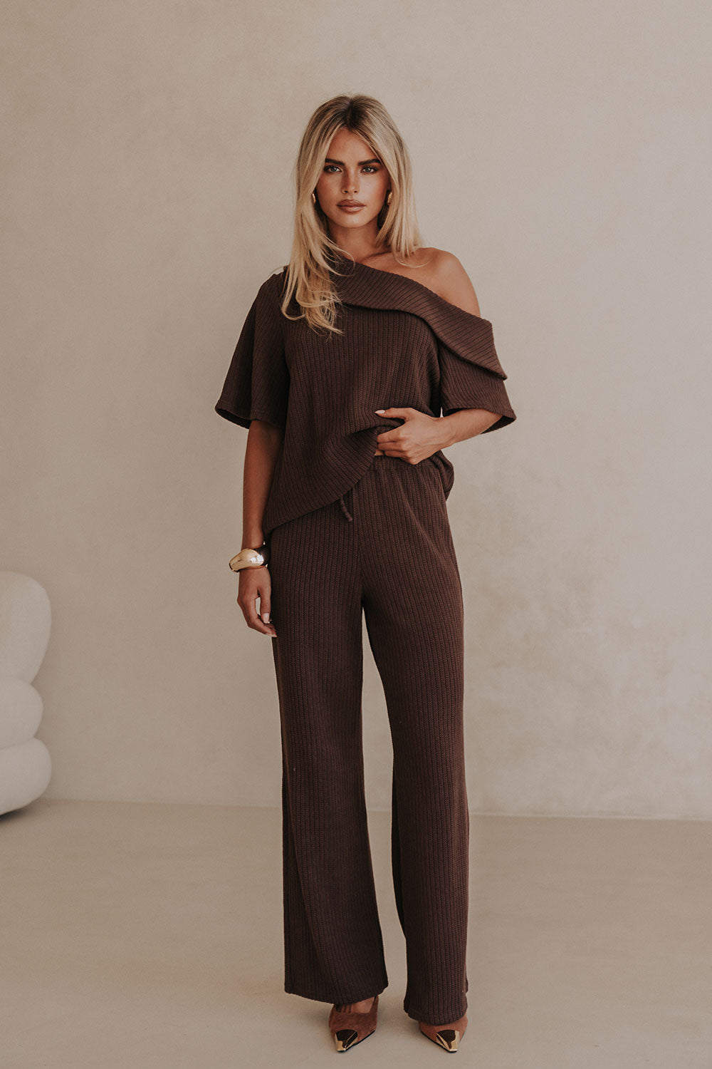 Chocolate Brown Off Shoulder Short Sleeve Tarika Top