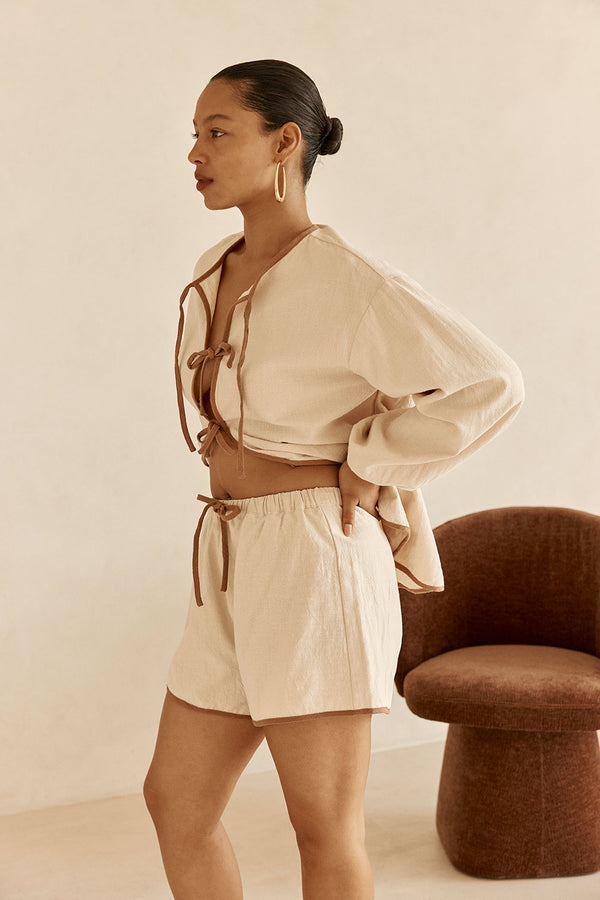 Beige High Waist Elastic Drawstring Paloma Shorts