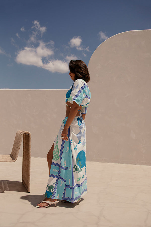 Naya Wrap Maxi Skirt - Scarf Azure, Blue, Green, White