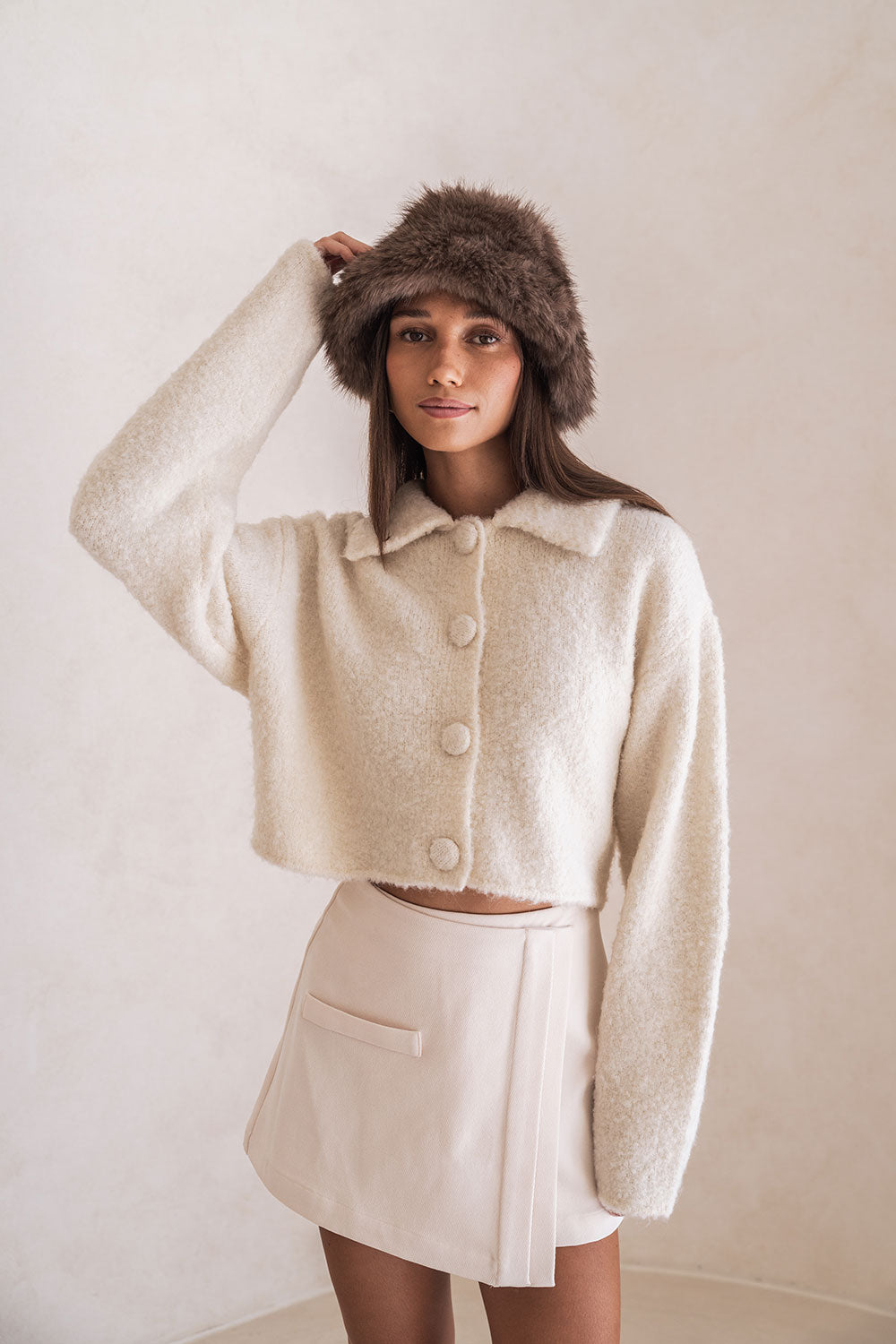 Cream Fluffy Knit Button Up Crop Addison Cardi – SABO