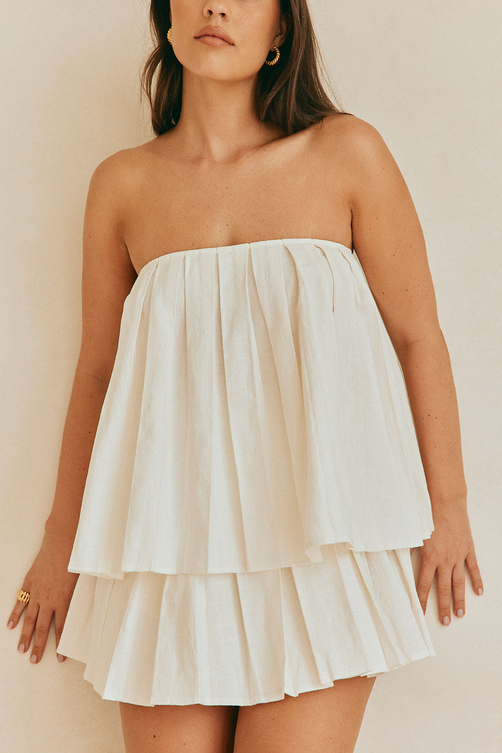 White Pleated Strapless Flowy Amity Top