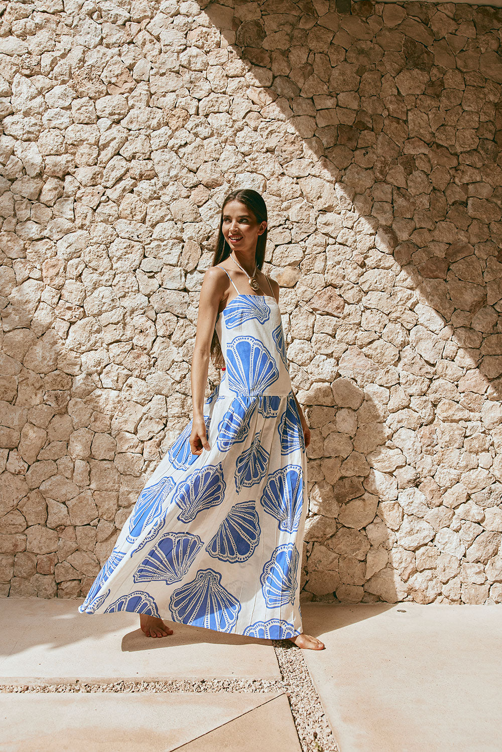 Bette Thin Strap Maxi Dress - Seashell Print, Blue, White