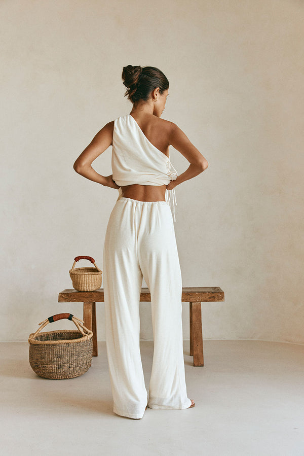 Cream High Waist Elastic Drawstring Zen Pants