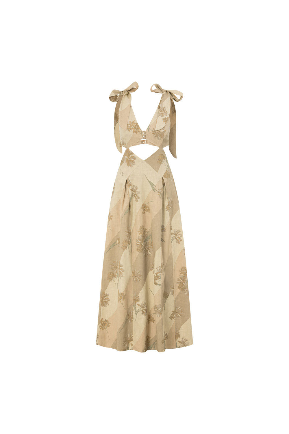 Maivie Tropical Cutout Tie Maxi Dress - Brown, Green Tawny Bloom Print