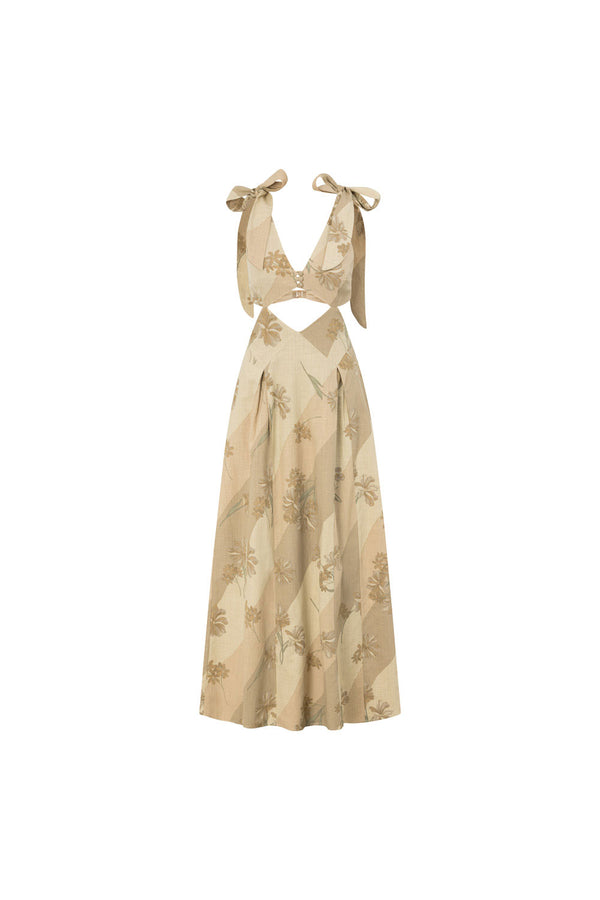 Maivie Tropical Cutout Tie Maxi Dress - Brown, Green Tawny Bloom Print