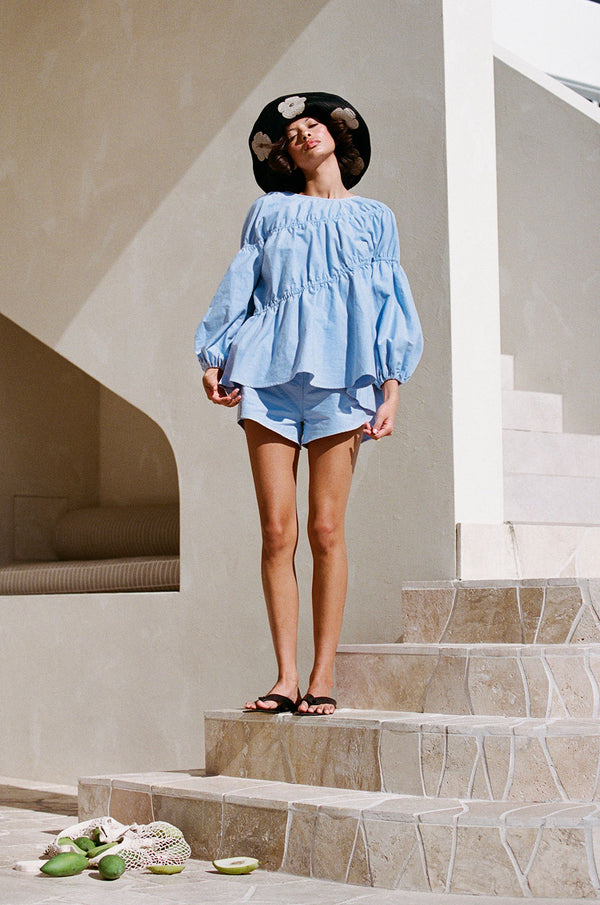 Blue Long Sleeve Panelled Flounce Akel Top